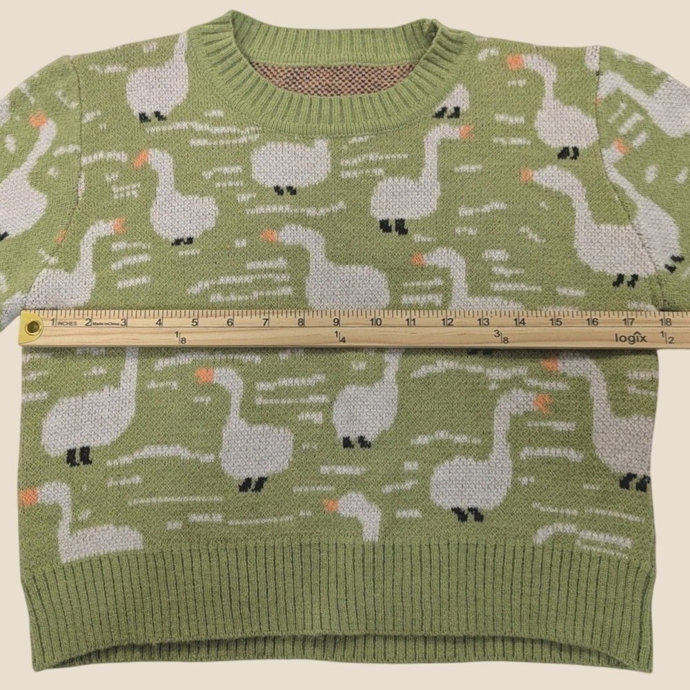 Cider Goose Knit Sweater XL Green Cropped Cottagecore Animal Print Novelty Top - Picture 10 of 12